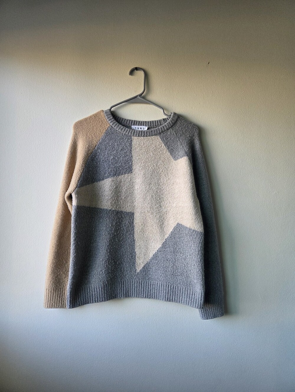 THML Womens Star Intarsia Crewneck Sweater - Gray & Cream Size S